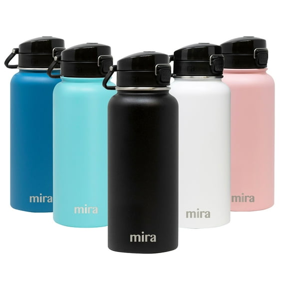 MIRA 32 oz Insulated Stainless Steel Water Bottle Thermos Flask, One Touch Spout Lid Cap, Black