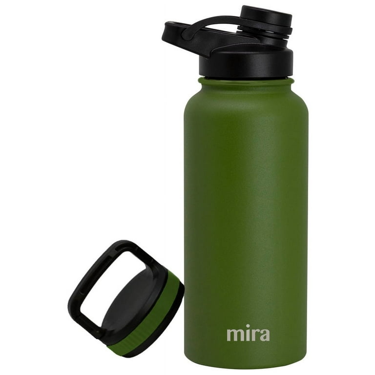  MIRA Stainless Steel Insulated Sports Water Bottle - 2 Caps -  Hydro Metal Thermos Flask Keeps Cold for 24 Hours, Hot for 12 Hours -  BPA-Free Spout Lid Cap, 32 oz, Black: Home & Kitchen