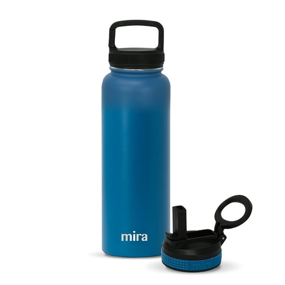 MIRA 40oz Stainless Steel Vacuum Insulated Wide Mouth Water Bottle, 2 Caps, Hydro Thermos, Hawaiian Blue
