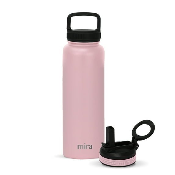 MIRA 40oz Stainless Steel Vacuum Insulated Wide Mouth Water Bottle, 2 Caps, Hydro Thermos, Taffy Pink