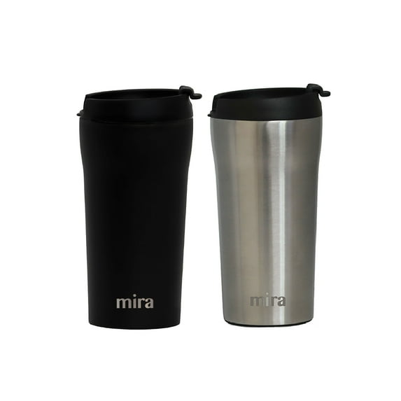 MIRA Stainless Steel Insulated Travel Car Mug | Spill Proof Flip Lid | Double Wall Vacuum Insulated Coffee & Tea Mug Keeps Hot or Cold | 12 oz (350 ml) | 2 Pack | Black & Stainless Steel
