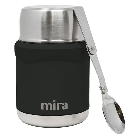 MIRA Thermos for Hot Food & Soup, 15oz Insulated Lunch Jar, Spoon, Leak Proof Stainless Steel, Black