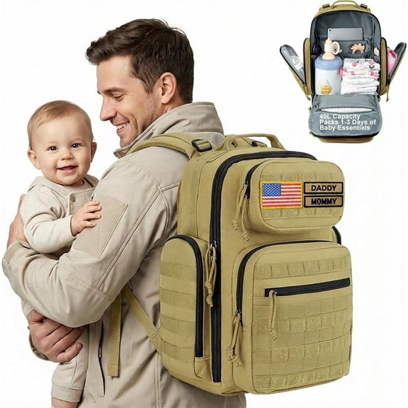 MIRACOL Diaper Bag Backpack for Dad: 40L Large Capacity Tactical Dad Bag with 16+ Organized Pockets - 900D Fabric Military-Style for Travel, Outdoor & Daycare Essentials (Tan)