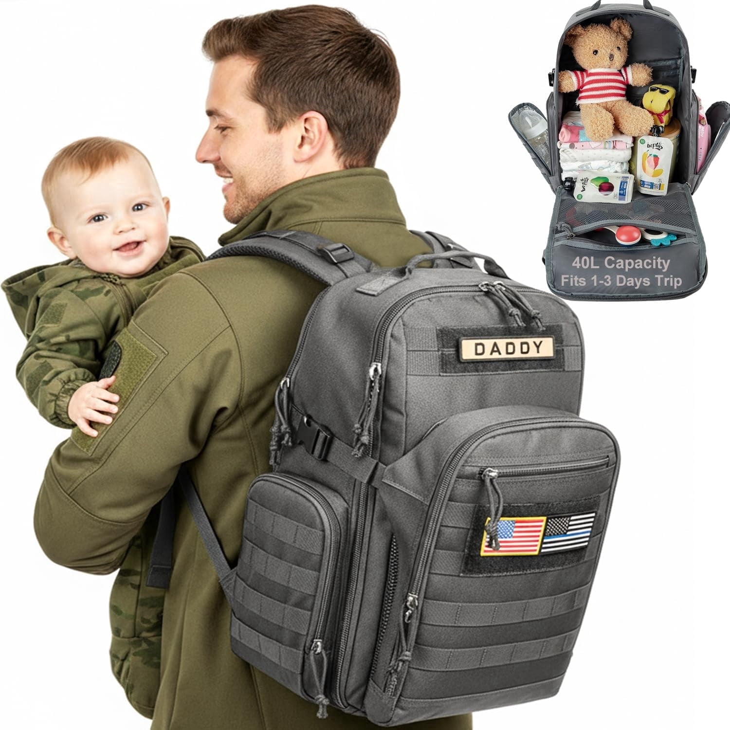 MIRACOL Diaper Bag Backpack for Dad: 40L XL Capacity Fits 1-3 Days Trip - Military Style with Daddy Patch for Active Dads - Ideal Gift for New Fathers & Husbands Grey