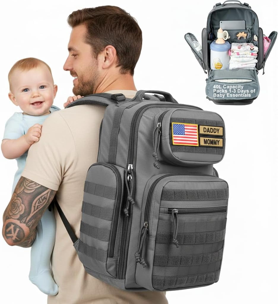MIRACOL Diaper Bag Backpack for Men: 40L Heavy-Duty Tactical Style Dad Baby Bag with 16+ Pockets - MOLLE Webbing and Organized Storage for Travel & Weekend Adventures (Grey)