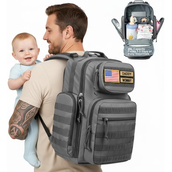 MIRACOL Diaper Bag Backpack for Men: 40L Heavy-Duty Tactical Style Dad Baby Bag with 16+ Pockets - MOLLE Webbing and Organized Storage for Travel & Weekend Adventures (Grey)