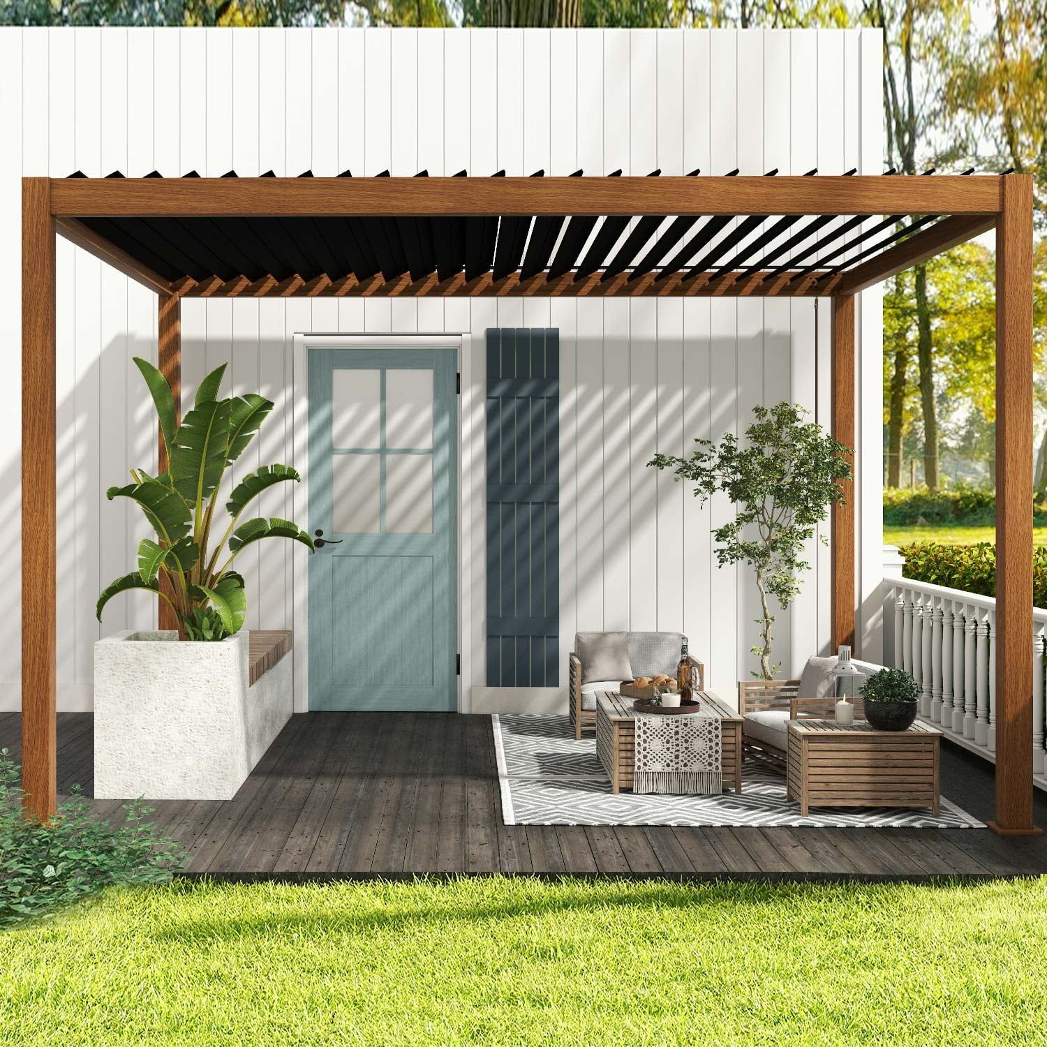 MIRADOR 111S Outdoor Wood Grain Aluminum Pergola 10