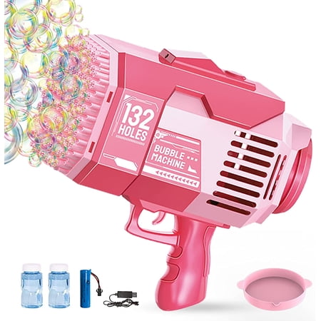 MIRAMAGJUS Bubble Machine , Upgraded 132 Holes Bazooka Bubble with 2 Bottles Bubble Refill Solution, Bubble Party Favor, Summer Toy, Pink