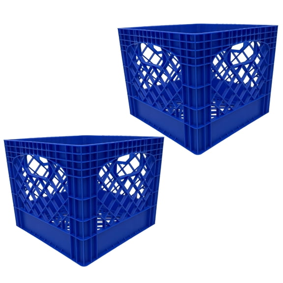 MIRAMAR Plastic Milk Crate, Stackable Home Container with Handles, 16 Qt, 2 Pack, Blue