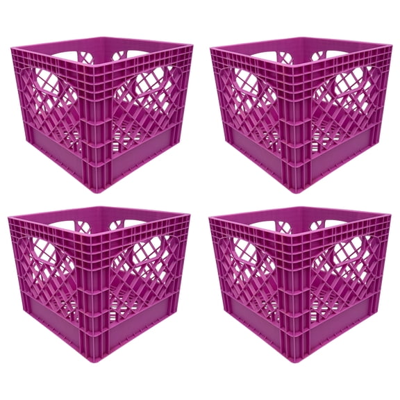 MIRAMAR Milk Crate, Stackable Plastic Storage Bin with Handles, 16 Qt, Berry, 4 Pack