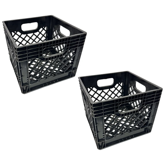 MIRAMAR Milk Crate, Stackable Plastic Storage Bin with Handles, 16 Qt, Black, 2 Pack