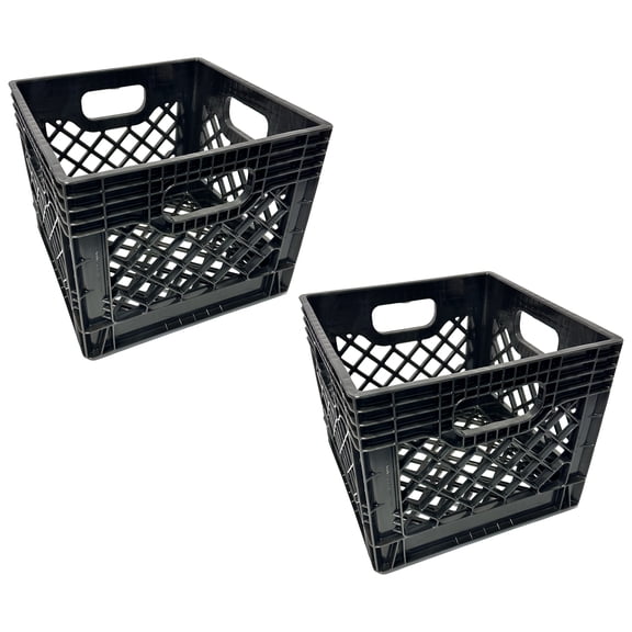 MIRAMAR Milk Crate, Stackable Plastic Storage Bin with Handles, 16 Qt, Black, 2 Pack