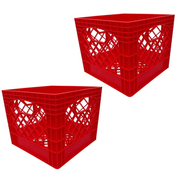 MIRAMAR Milk Crate, Stackable Plastic Storage Bin with Handles, 16 Qt, Red, 2 Pack
