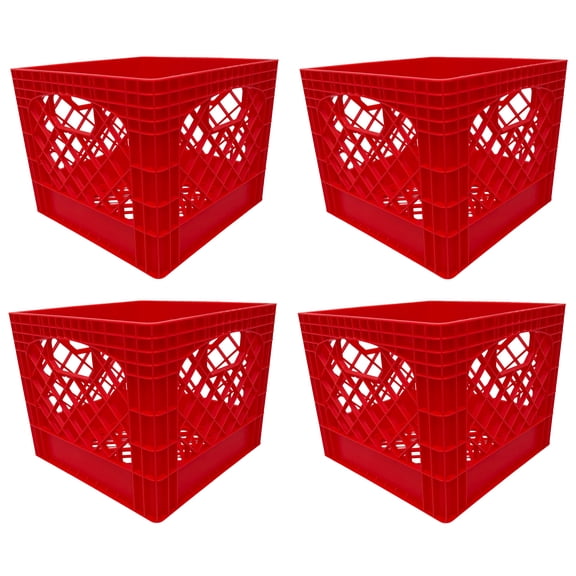 MIRAMAR Milk Crate, Stackable Plastic Storage Bin with Handles, 16 Qt, Red, 4 Pack