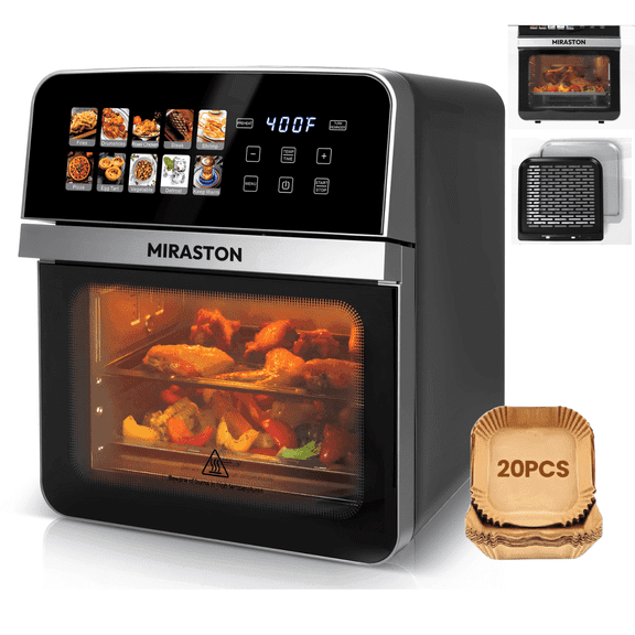 MIRASTON 10QT Air Fryer Toaster Oven Combo with 8 Presets, Visible Window and Touchscreen, Includes 2 Accessories & Recipe, stainless steel