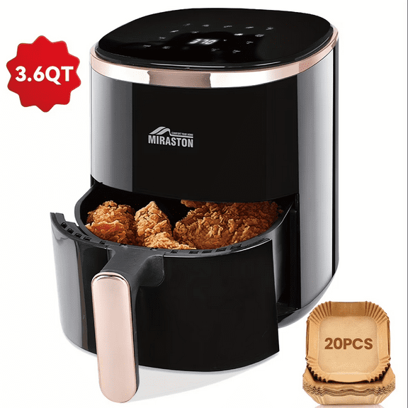 Miraston Compact 3.6-Quart Air Fryer, 9 Presets and Digital Display, Oil-Less Cooking, Black