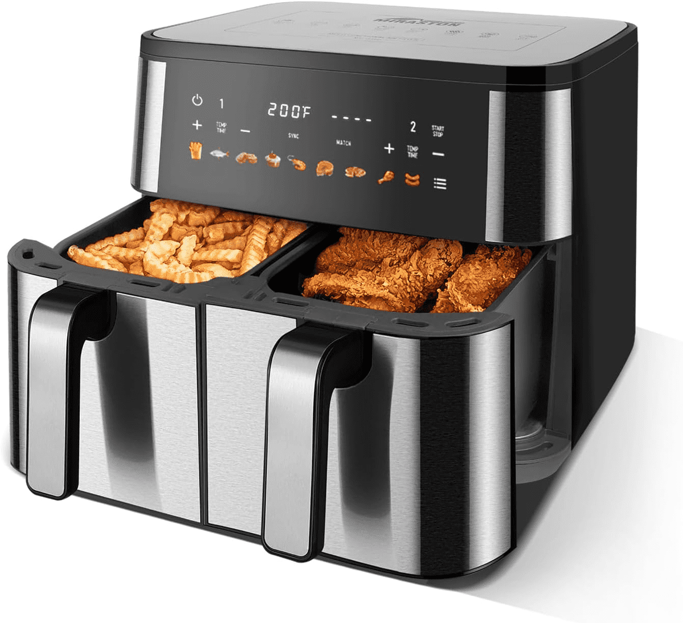 MIRASTON 10QT Digital Dual Basket Air Fryer, 1800W Stainless Steel Kitchen Cooker for Family Meals