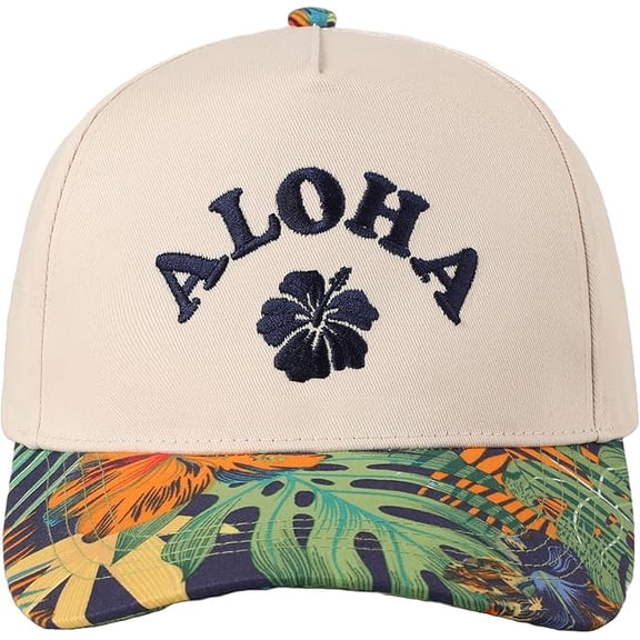 MIRMARU Aloha Tropical Embroidery 5-Panel Two-Tone Trucker Hat with Designed Floral Brim