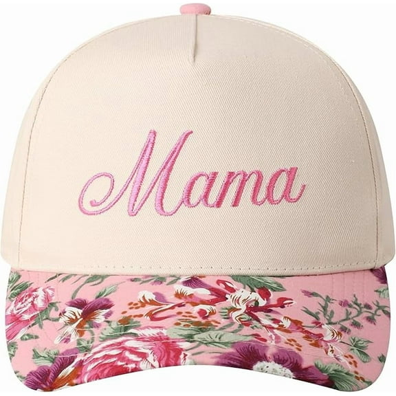 MIRMARU Mama Embroidery 5-Panel Two-Tone Trucker Hat with Designed Floral Brim