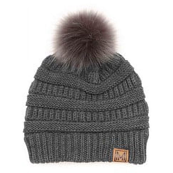 MIRMARU Women's Soft Stretch Cable Knit Warm Outdoor Skully Faux Fur Pom pom Beanie Hats (Charcoal)