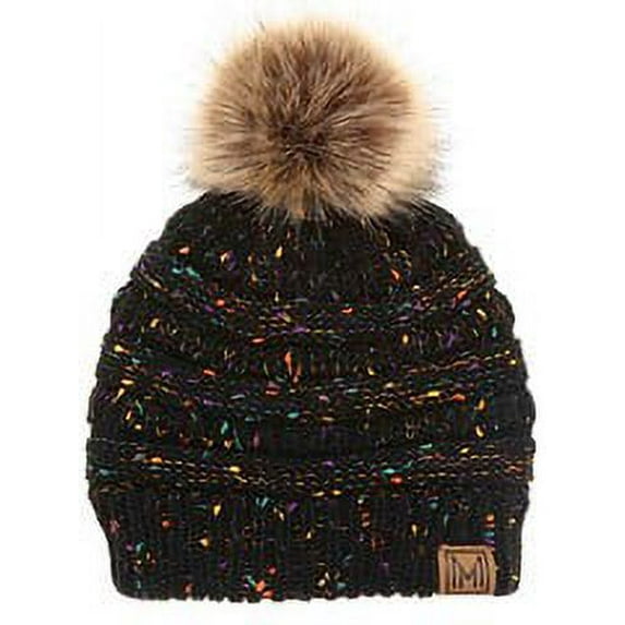 MIRMARU Women's Soft Stretch Cable Knit Warm Outdoor Skully Faux Fur Pom pom Beanie Hats (Conffeti-Black)