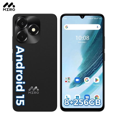 MIRO C69M Pro Cell Phone, Android 15 Unlocked Smartphone, 8 GB +256GB Dual SIM, 50MP Camera, 6.9" Water Drop Display,5160mAh Android Phone Black