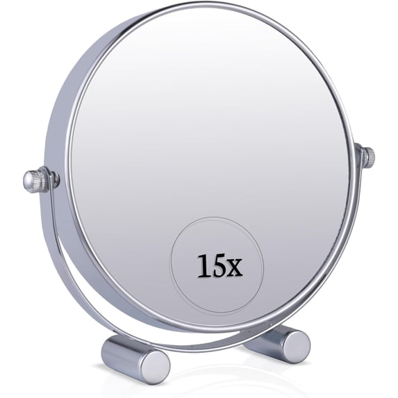 MIRRORVANA Small 15X Magnifying Tabletop Mirror for Makeup - Double Sided 15x and 1x Portable Make Up Mirror for Desk, Dressing Table and Retail Store - 6" Wide & 6.7" Tall (Chrome)