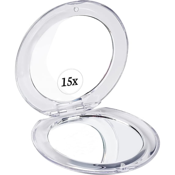 MIRRORVANA Small Compact 15X Magnifying Mirror for Travel - Handheld, Foldable & Very Lightweight - Mini Pocket-Sized Magnified Mirror for Purse - Round 3.3” Diameter