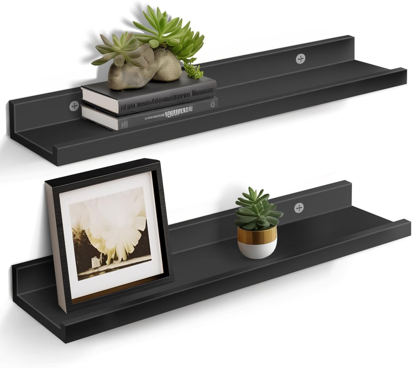 MIRROTOWEL 24” Floating Shelves for Wall Décor Storage, Set of 2, Wood for Bedroom, Living Room, Bathroom, Kitchen, Picture Ledge and Farmhouse (Black）