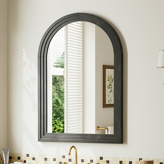 MIRSTORY 24"x36" Arched Bathroom Mirror Wooden Mirror Wall Mounted, Black