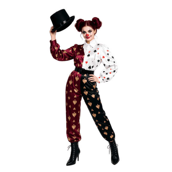 MIRUXO Dark Circus Clown Costume for Women, Playing Card Harlequin Jumpsuit Cosplay Outfit for Halloween Masquerade Carnival Party, 1 Pack