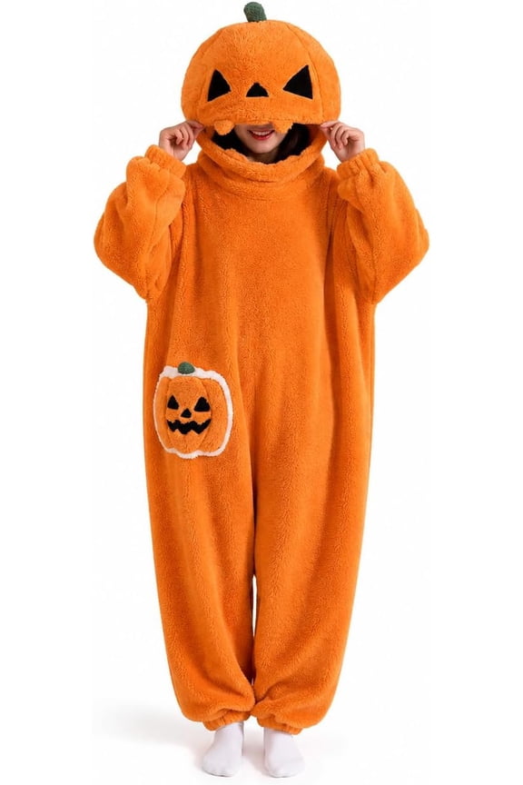 Halloween Pumpkin Onesie Pajamas, Plush Hooded Costume for Adults, Jack O Lantern Hooded Wearable Blanket Oversized