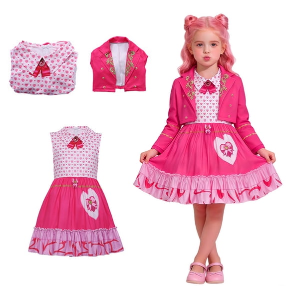 MIRUXO Pink Princess Dress Rise Red Cosplay Costume Dress Set, Heart Print Sleeveless Outfit with Crop Jacket 2 Pcs for Halloween