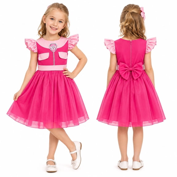 MIRUXO Pink Rescue Pup Costume Dress Flutter Sleeve Tulle Cosplay Outfit for Halloween Theme Birthday Party, 1pc
