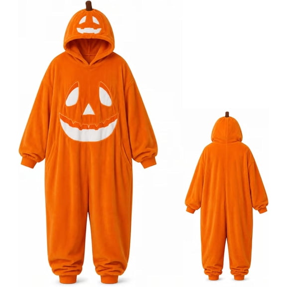 MIRUXO Pumpkin Jack O Lantern Hooded Onesie Costume Adult Plush Halloween Pumpkin Pajamas with Hood Oversized One Piece Jumpsuit