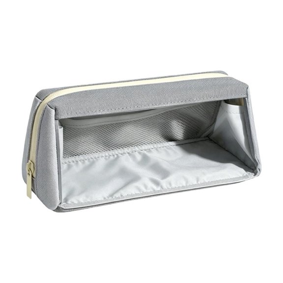 MIRVAXEN Foldable Double-Layer Clear Pencil Bag, Dual-Compartment Case with Wide Opening, Clear Panel for Quick Item Find, Phone Rest, Stain-Resistant Fabric, Gliding Zipper(Gray)