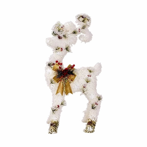 MIRVAXEN Snow Flocked Iron Reindeer Christmas Ornament,Lighted Standing Deer Statue with Bow,Pinecones & Berries,Indoor Outdoor Xmas Home Decoration(White)