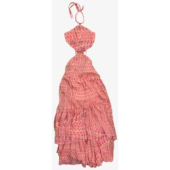 MISA Los Angeles LA Women's Maxi Dress Dailia Halter Cutout Pink Ruffle Chiffon (Large, Septima Geo (Pink))
