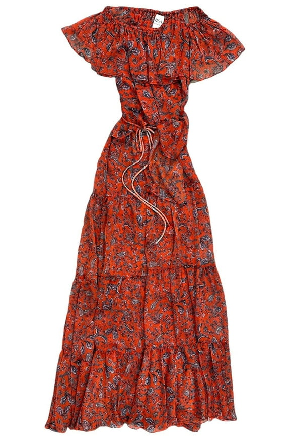 Los Angeles LA Women's Maxi Dress Kiera Off Shoulder Red Paisley Chiffon (X-Small, Aranciatta Paisley)