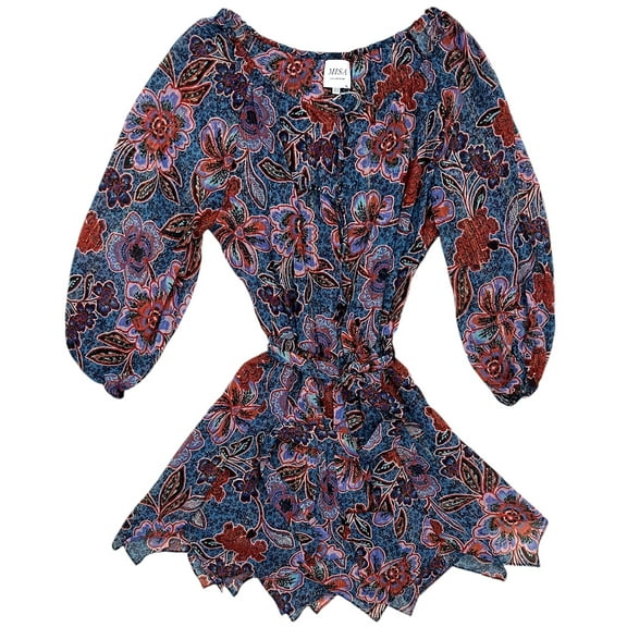 MISA Los Angeles LA Women's Mini Dress Tara Cerulean Floral Print 3/4 Sleeve (X-Small, Cerulean Flora)