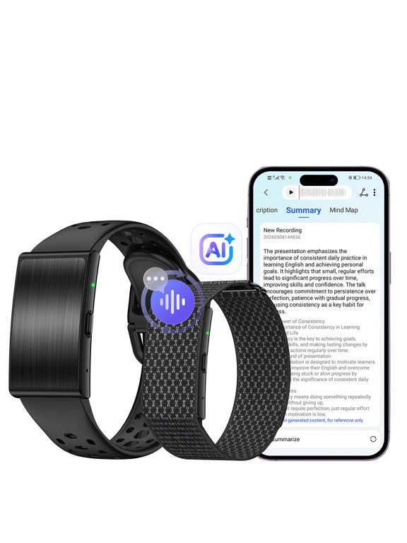 MISHUN Screenless Fitness and Health Tracker with AI Voice Recorder, Transcribe & Summarize, 24/7 Health Monitoring and Sleep Tracker, Menstrual Cycle Insights, 160+ Sports Modes, 15-Day Battery