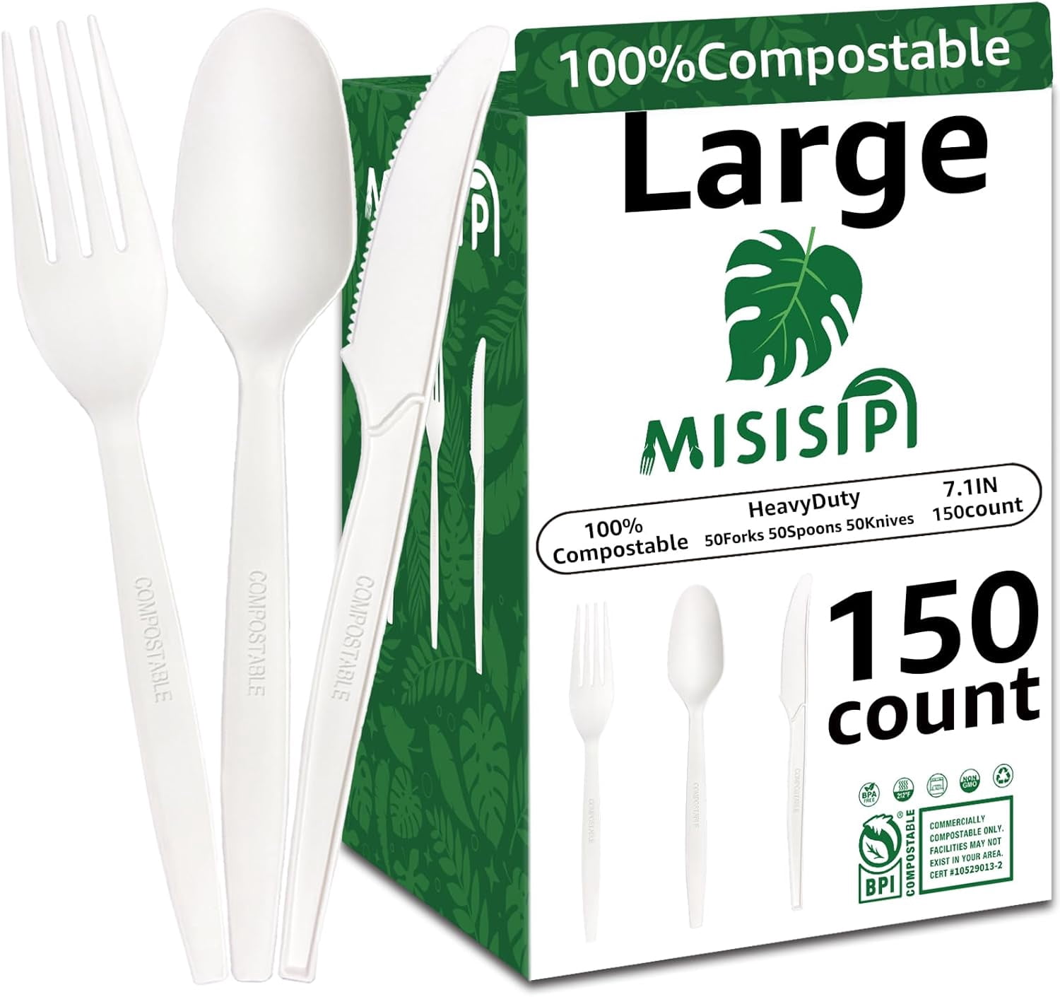 MISISIPI [7.1In 150Pcs] 100%Compostable utensils Cutlery Set ...