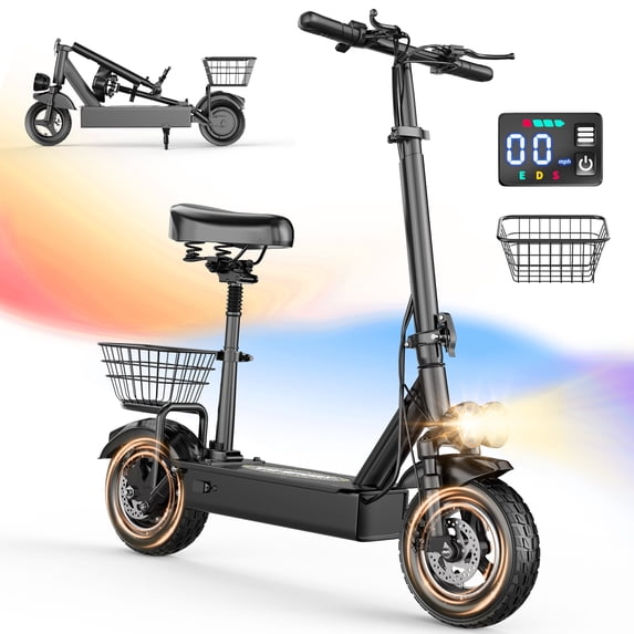ASKGO T11 Electric Scooter with Seat & Basket, 1000W Peak 48V 15Ah Foldable E-Scooter, 25MPH, 35 Miles Range, Dual Suspension, Dual Disc Brakes, 10 Inch Tire Adult Electric Scooter UL2272