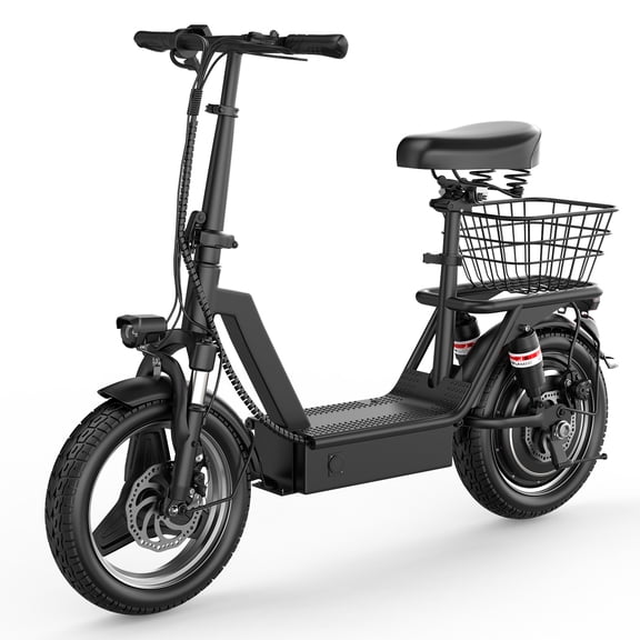 1200W Electric Scooterwith Seat, 48V 15AH Peak Motor, 25 MPH&25-30Mile,Commuter Electric Scooter for Adult with Basket (Removable), Wide Pedal Escooter with Seating Capacity of 365LBS-Black