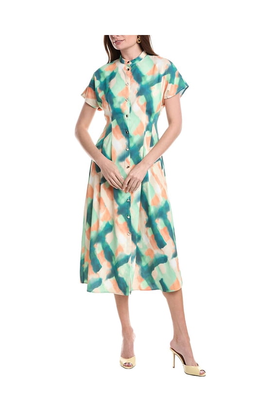 womens Fit & Flare Crepe de Chine Button Up Maxi Dress, s, Green