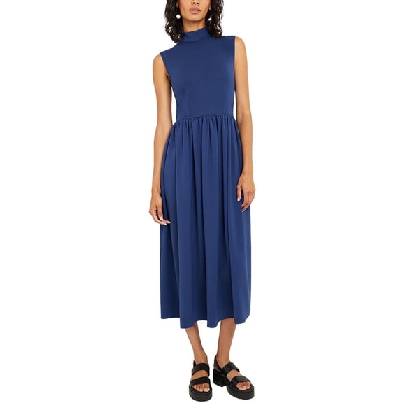 MISOOK womens Mixed Media Fit-and-Flare Midi Dress, l, Blue