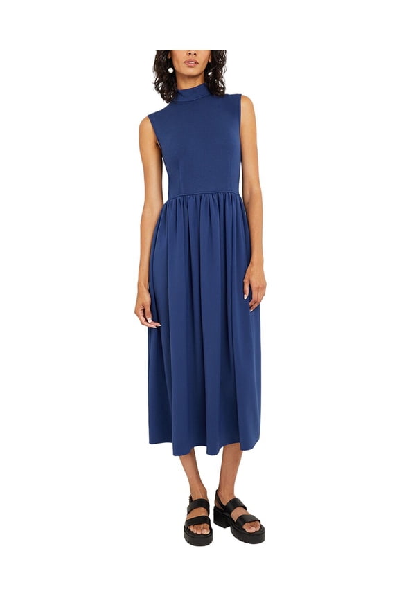 womens Mixed Media Fit-and-Flare Midi Dress, l, Blue