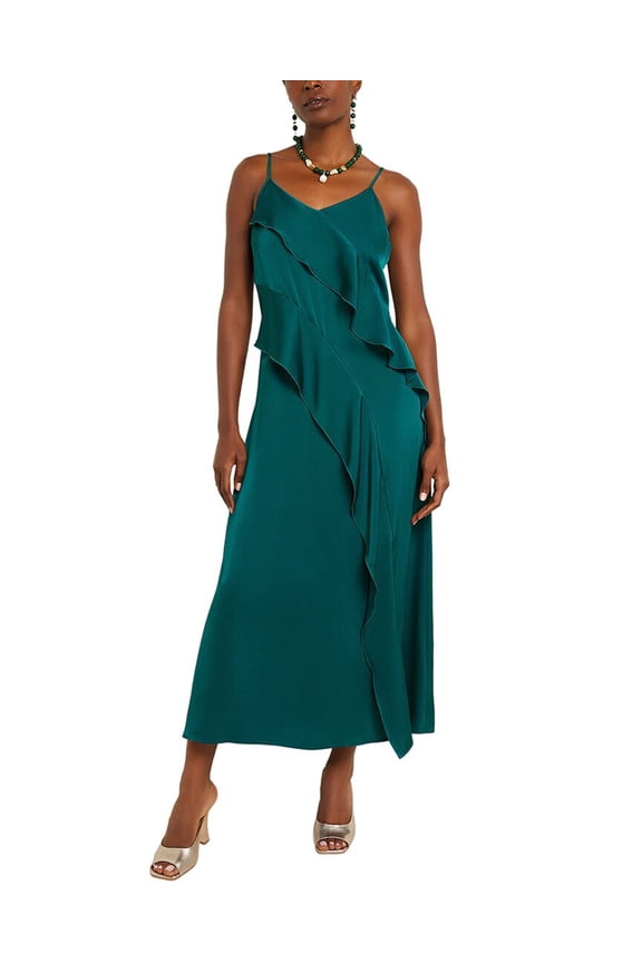 womens Ruffled Crepe De Chine Maxi Dress, l, Brown