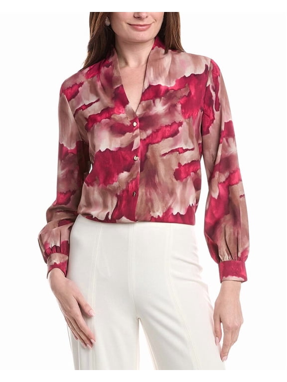 womens Woven Watercolor Print Blouse, XXS, Pink