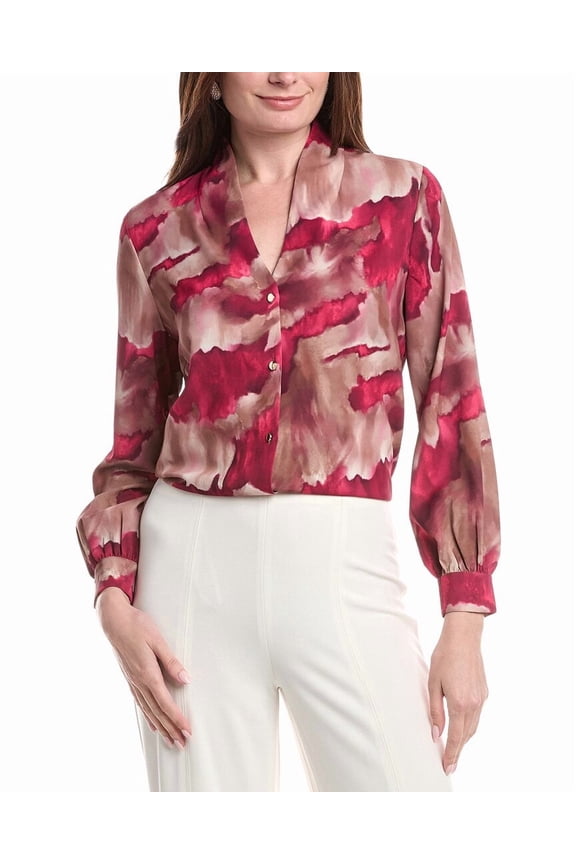 womens  Woven Watercolor Print Blouse, l, Pink